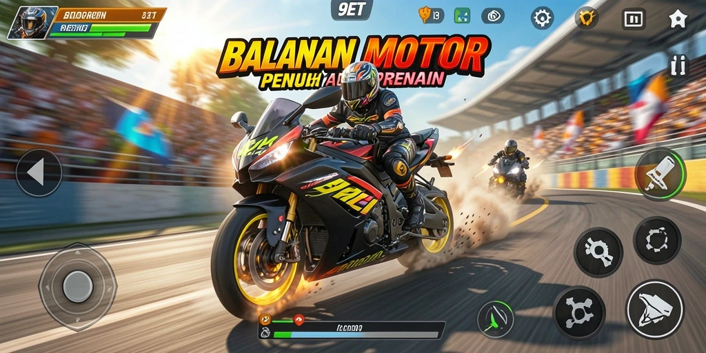 Screenshot gameplay 9ET menampilkan balapan motor seru.