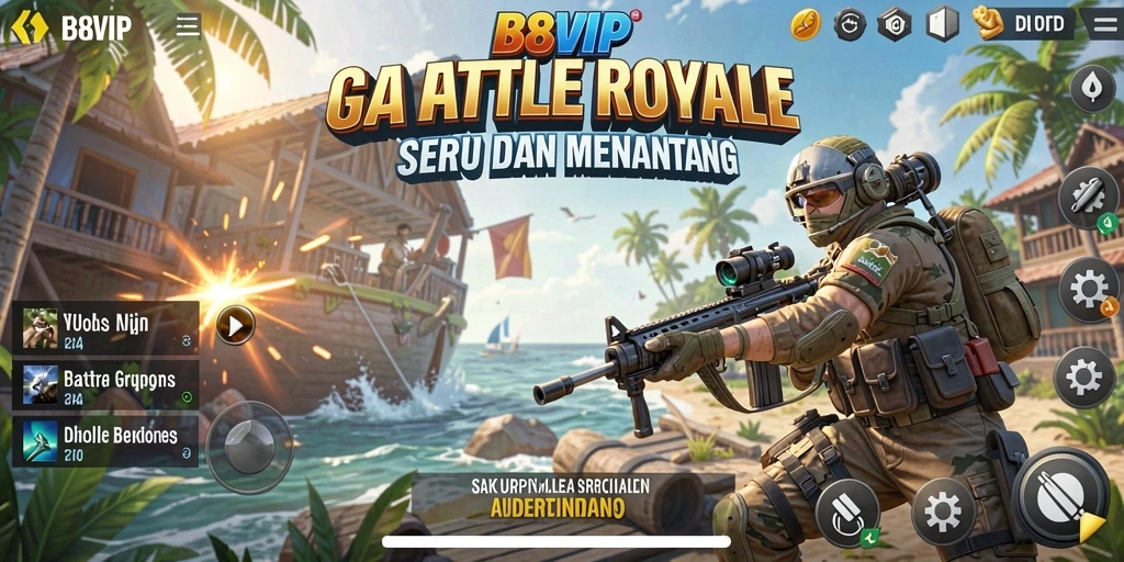 Tampilan gameplay B8VIP yang penuh aksi di medan perang Battle Royale.