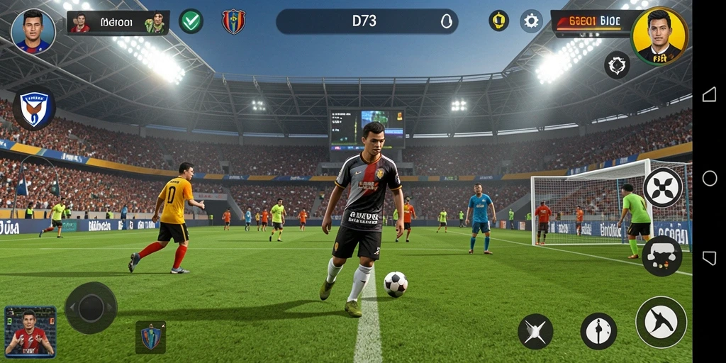 Screenshot gameplay D73 menunjukkan aksi seru di lapangan sepak bola.