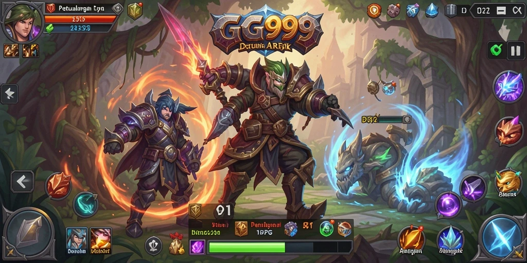 Screenshot gameplay GG999 menampilkan pertarungan seru di dunia fantasi.