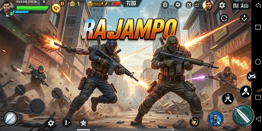 Gameplay aksi epik dalam RAJAMPO dengan pertarungan seru.