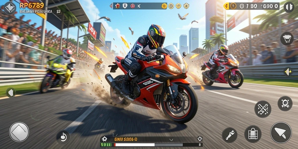 Screenshot utama menunjukkan aksi balapan motor yang seru.