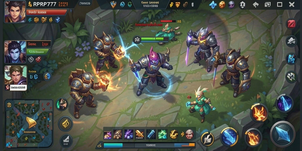 Screenshot utama RPRP777 menunjukkan aksi intens di peta MOBA.