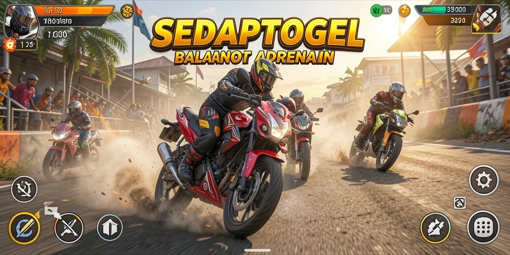 Gameplay SEDAPTOGEL dengan aksi balapan motor yang mendebarkan.