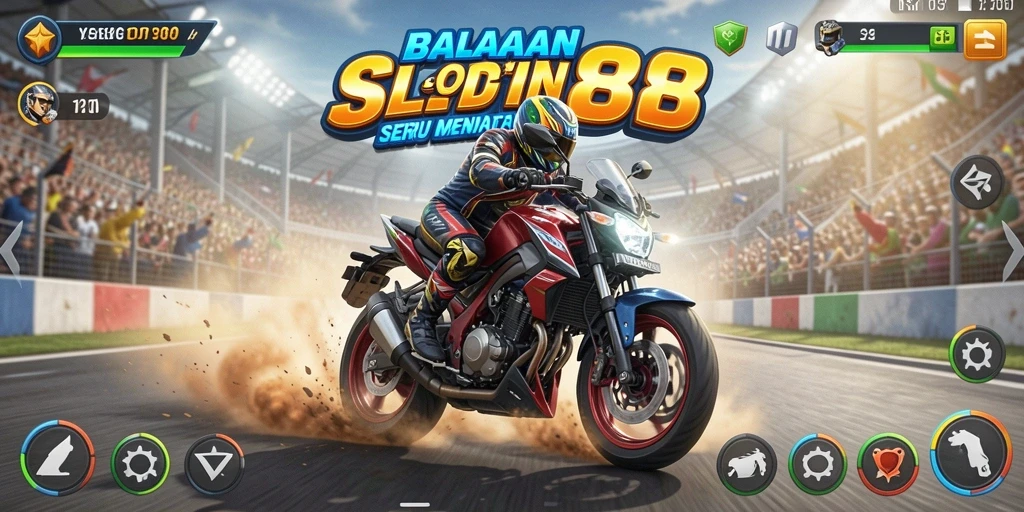 Screenshot utama SLOT88 menampilkan aksi balapan motor yang mendebarkan.