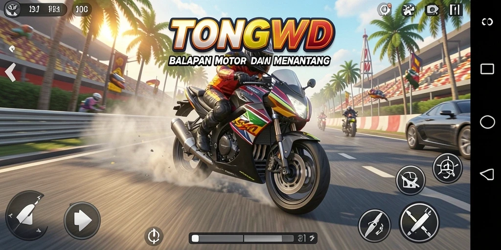 Tampilan gameplay TONGWD saat balapan motor yang mendebarkan.